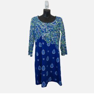 Lilly Pulitzer Size Small Beacon Dress 3/4 Sleeve Shift Dress Blue Split Print
